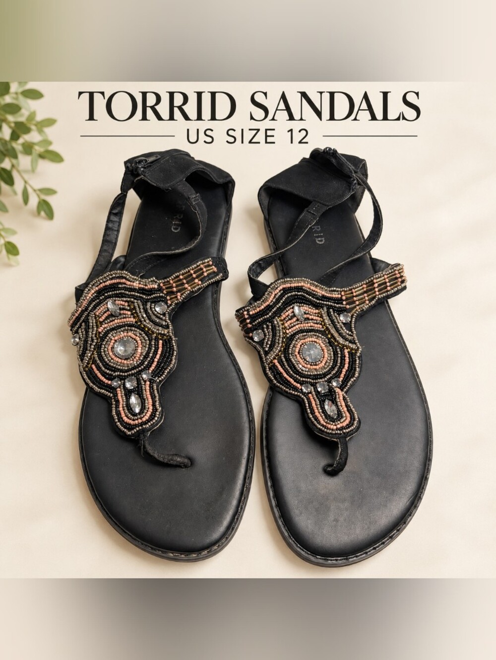 torrid Black Beaded T-Strap Embellished Sandals